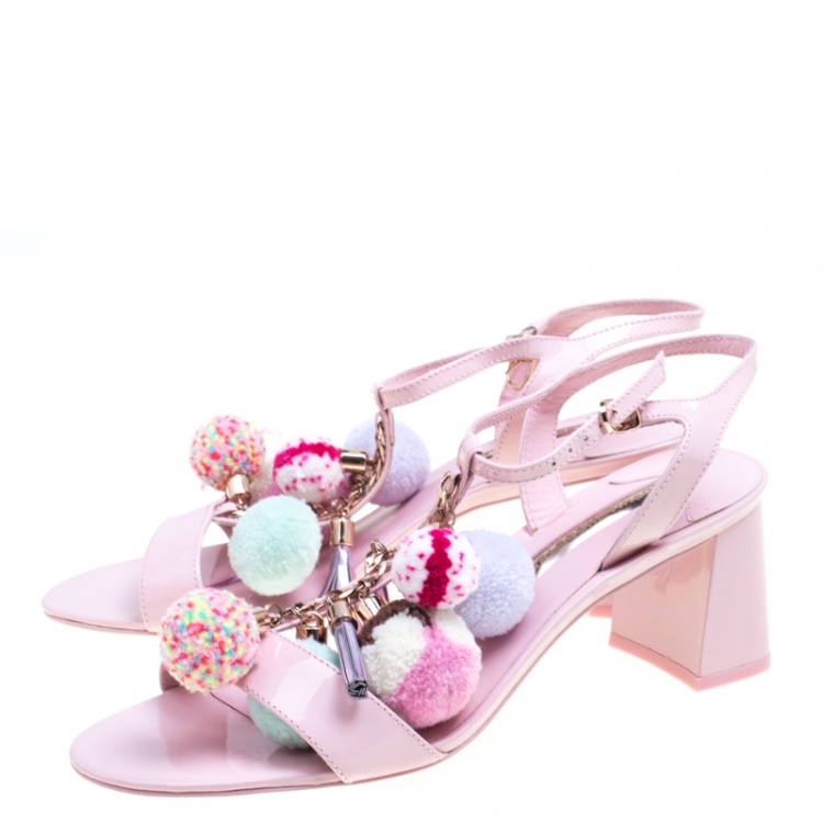 Pre Owned Sophia Webster Light Pink Patent Leather Jada T Strap Pom Pom Sandals Size 39