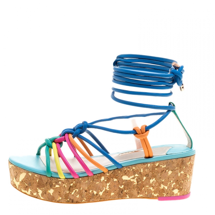 Pre Owned Sophia Webster Multicolor Leather Cord Copacabana Cork Platform Ankle Wrap Sandals Size 38.5