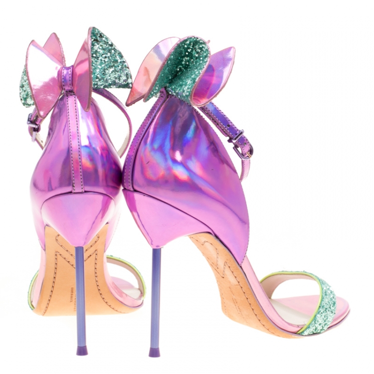 Pre Owned Sophia Webster Metallic Iridescent Pink Leather Maya Crystal Embellished Bow Ankle Strap Sandals Size 39.5