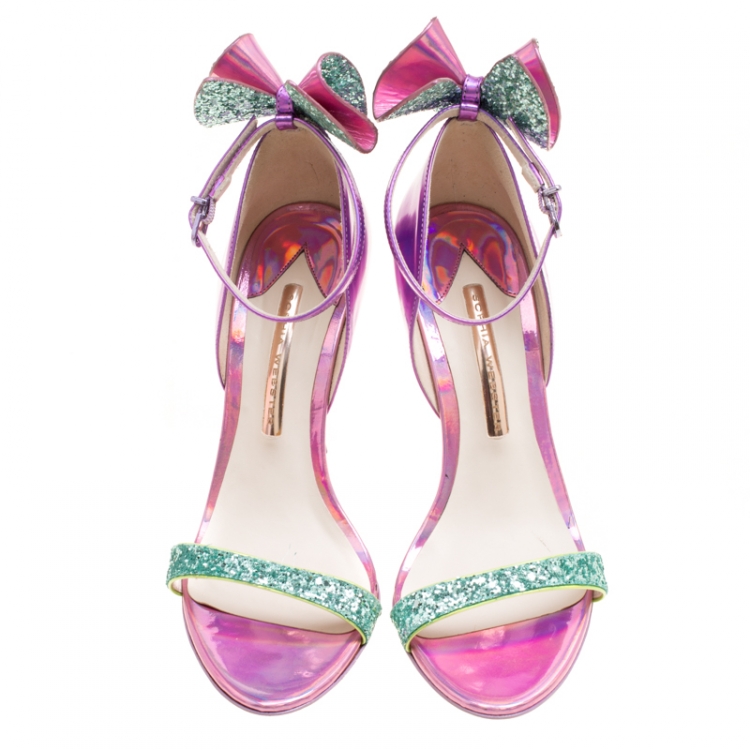 Pre Owned Sophia Webster Metallic Iridescent Pink Leather Maya Crystal Embellished Bow Ankle Strap Sandals Size 39.5