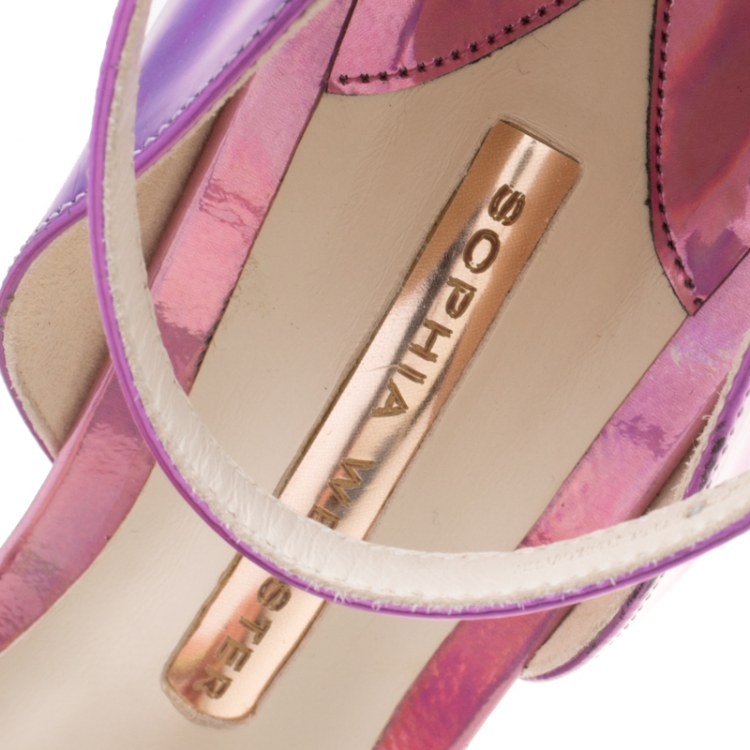 Pre Owned Sophia Webster Metallic Iridescent Pink Leather Maya Crystal Embellished Bow Ankle Strap Sandals Size 39.5
