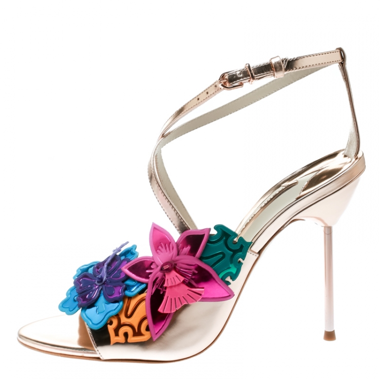 Pre Owned Sophia Webster Rose Gold Leather Hula Floral Embellished Crisscross Sandals Size 40.5