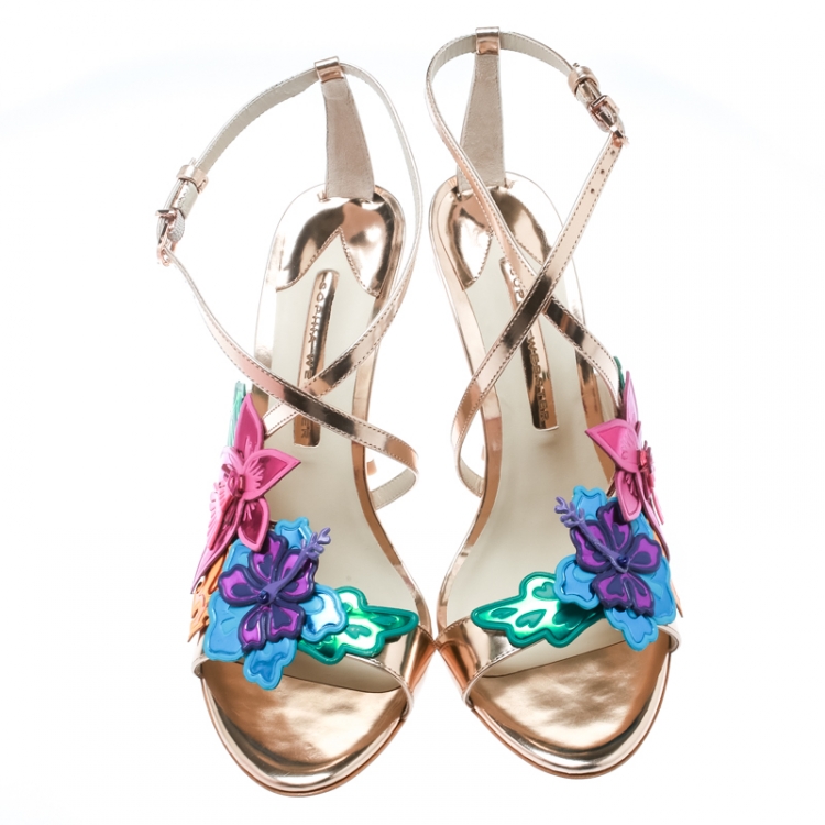 Pre Owned Sophia Webster Rose Gold Leather Hula Floral Embellished Crisscross Sandals Size 40.5
