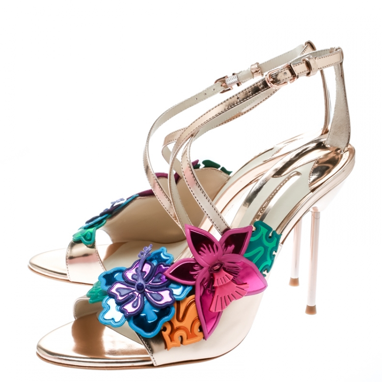 Pre Owned Sophia Webster Rose Gold Leather Hula Floral Embellished Crisscross Sandals Size 40.5