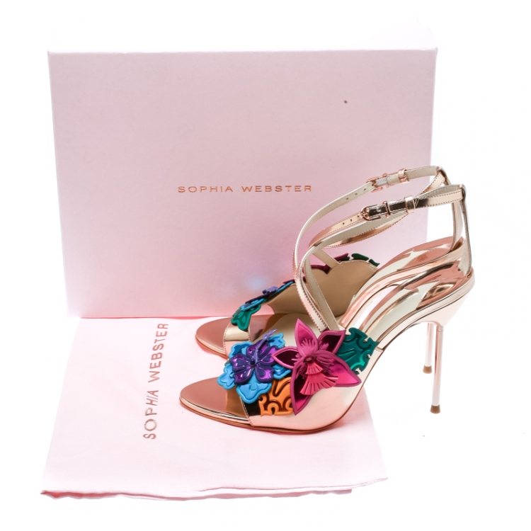 Pre Owned Sophia Webster Rose Gold Leather Hula Floral Embellished Crisscross Sandals Size 40.5