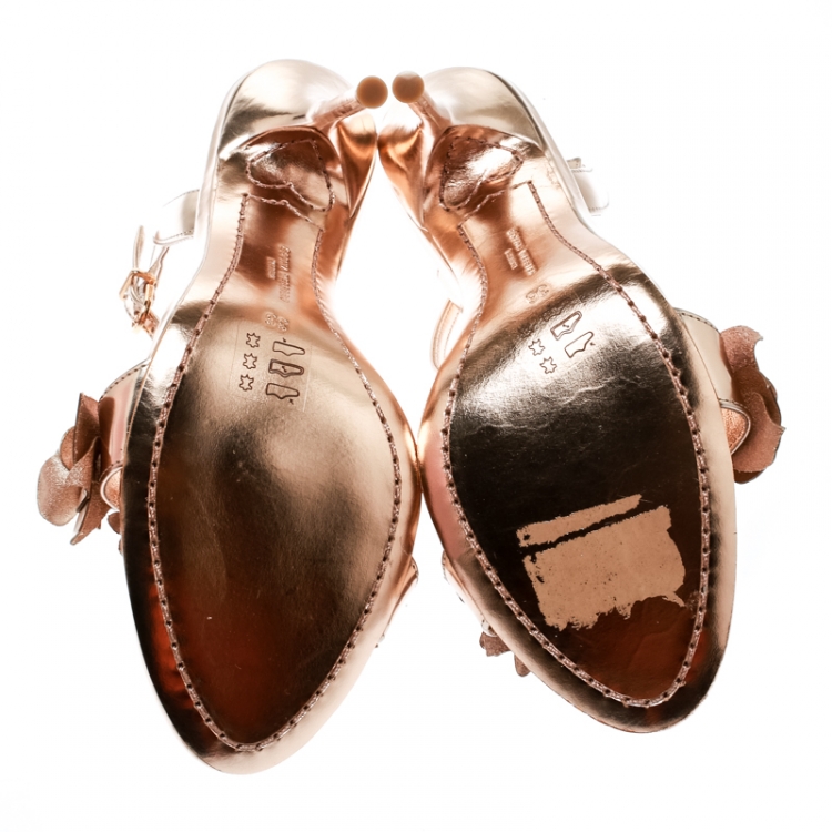 مملوكة مسبقًا Sophia Webster Metallic Rose Gold Leather Lilico Floral Embellished Ankle Wrap Sandals Size 36