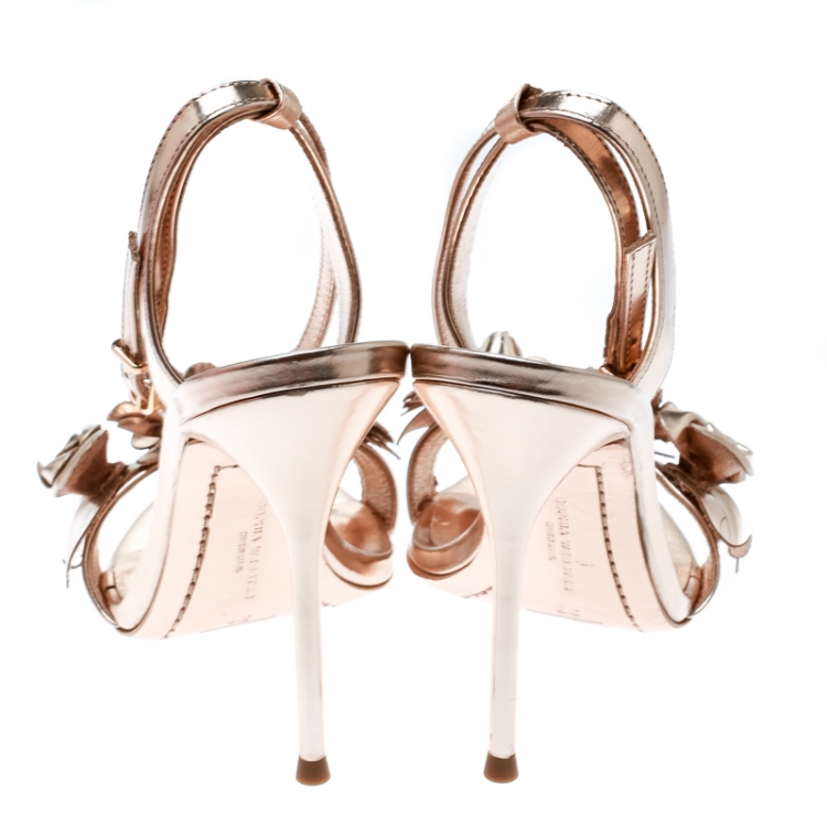 مملوكة مسبقًا Sophia Webster Metallic Rose Gold Leather Lilico Floral Embellished Ankle Wrap Sandals Size 36