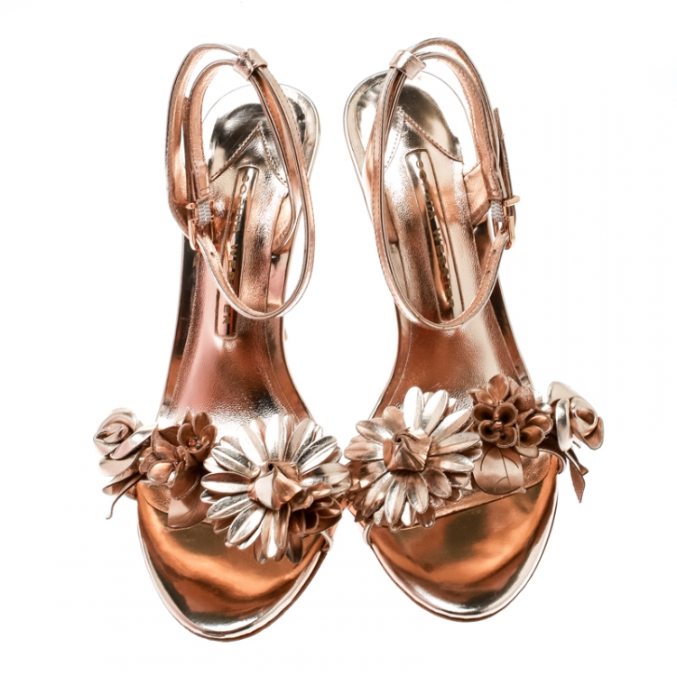مملوكة مسبقًا Sophia Webster Metallic Rose Gold Leather Lilico Floral Embellished Ankle Wrap Sandals Size 36