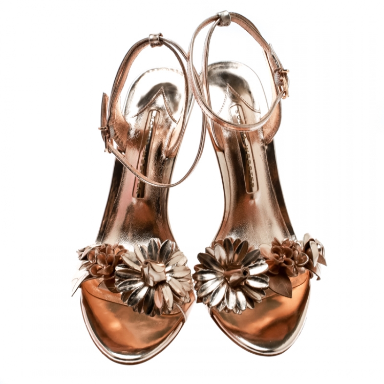 Pre Owned Sophia Webster Metallic Rose Gold Leather Lilico Floral Embellished Ankle Wrap Sandals Size 38.5