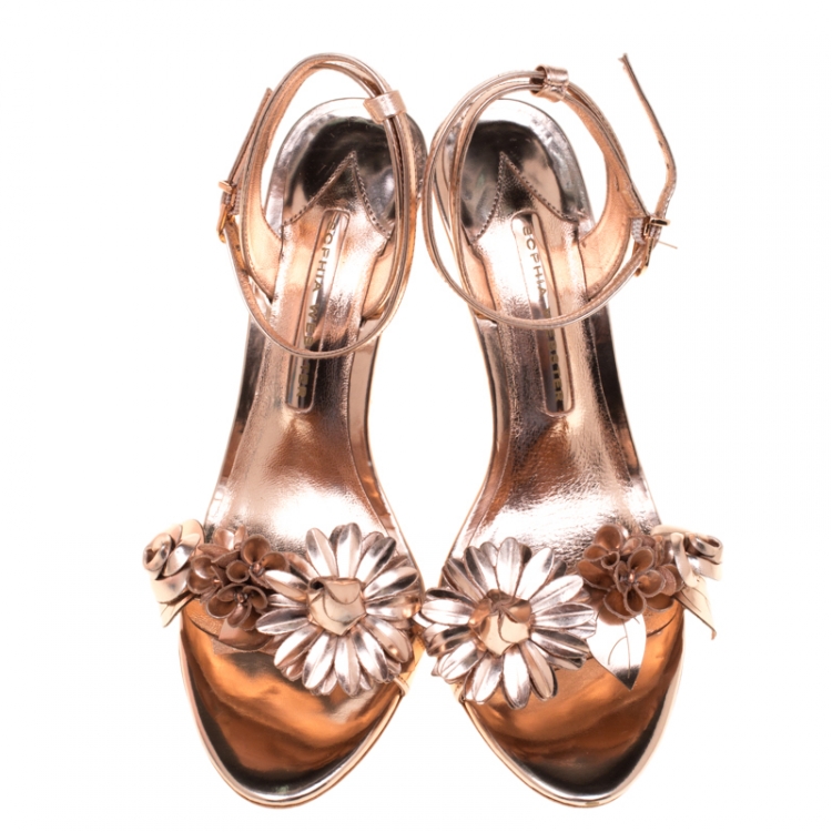 Pre Owned Sophia Webster Metallic Rose Gold Leather Lilico Floral Embellished Ankle Wrap Sandals Size 38.5