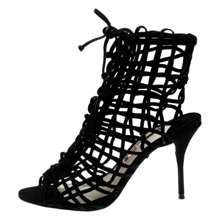 Pre Owned Sophia Webster Black Suede Delphine Peep Toe Cage Sandals Size 37.5