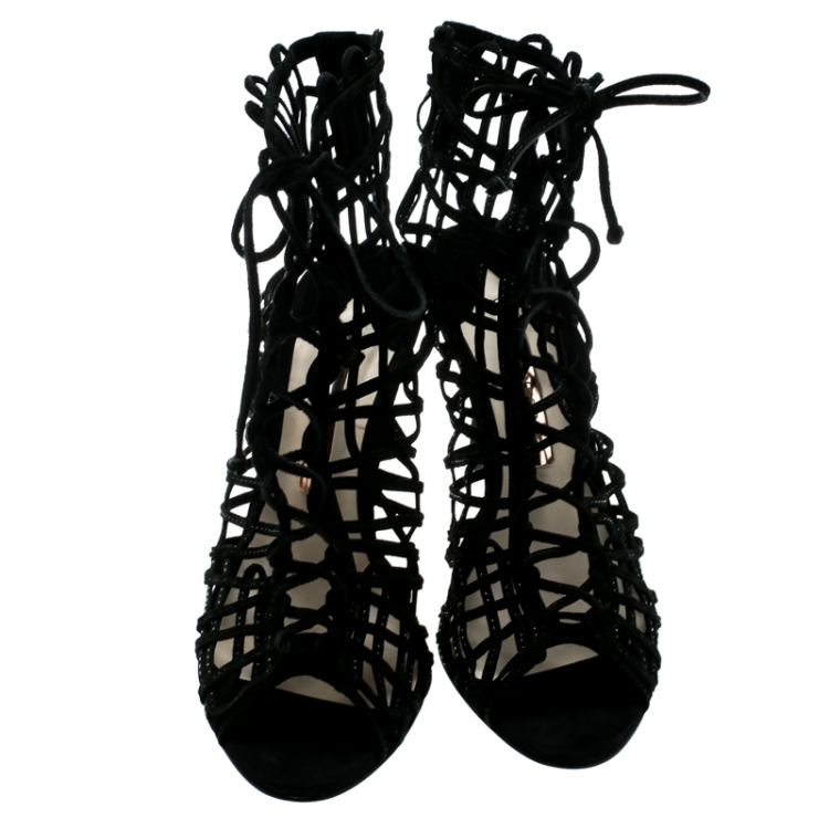Pre Owned Sophia Webster Black Suede Delphine Peep Toe Cage Sandals Size 37.5