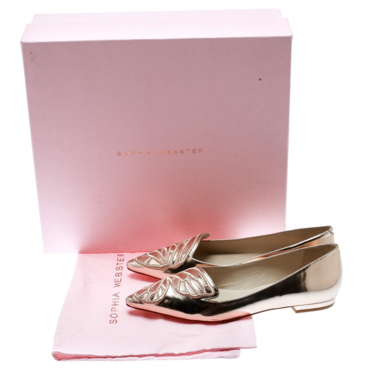 Pre Owned Sophia Webster Metallic Rose Gold Leather Bibi Butterfly Pointed Toe Ballet Flats Size 37.5