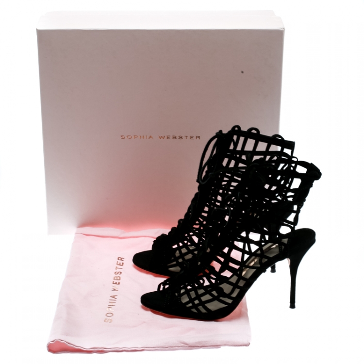 Pre Owned Sophia Webster Black Suede Delphine Peep Toe Cage Sandals Size 38.5