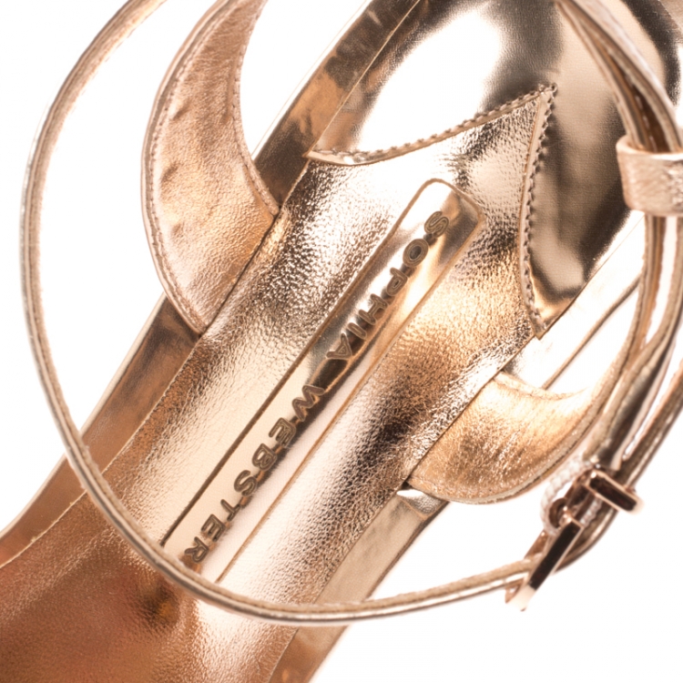 Pre Owned Sophia Webster Metallic Rose Gold Leather Lilico Floral Embellished Ankle Wrap Sandals Size 36.5