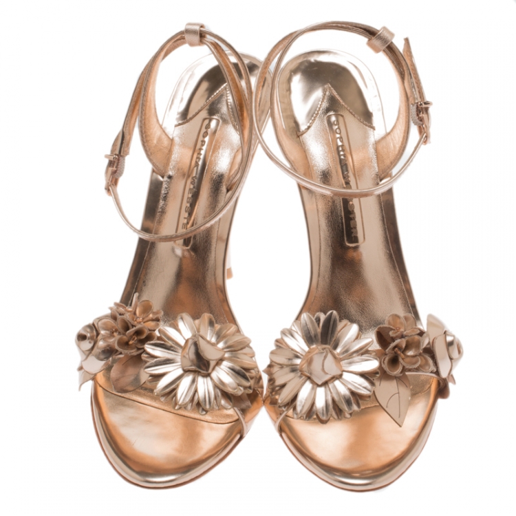 Pre Owned Sophia Webster Metallic Rose Gold Leather Lilico Floral Embellished Ankle Wrap Sandals Size 36.5
