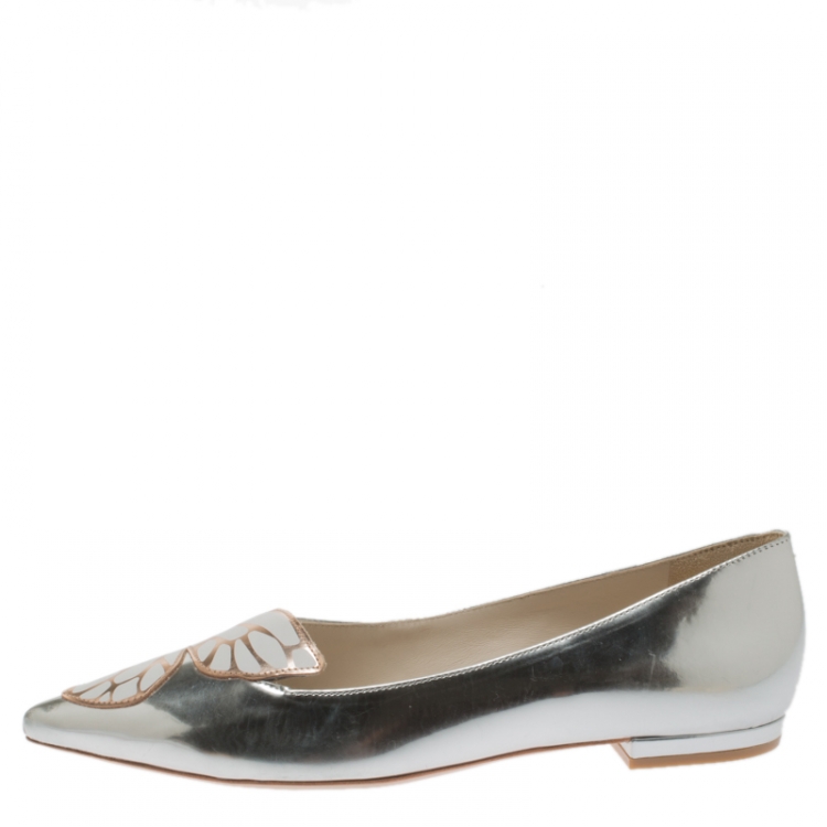 Pre Owned Sophia Webster Metallic Silver Leather Bibi Butterfly Pointed Toe Ballet Flats Size 38.5