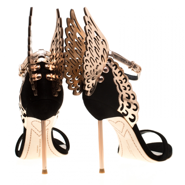 Pre Owned Sophia Webster Black Suede and Laser Cut Rose Gold Leather Evangeline Open Toe Sandals Size 36