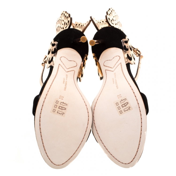 Pre Owned Sophia Webster Black Suede and Laser Cut Rose Gold Leather Evangeline Open Toe Sandals Size 36