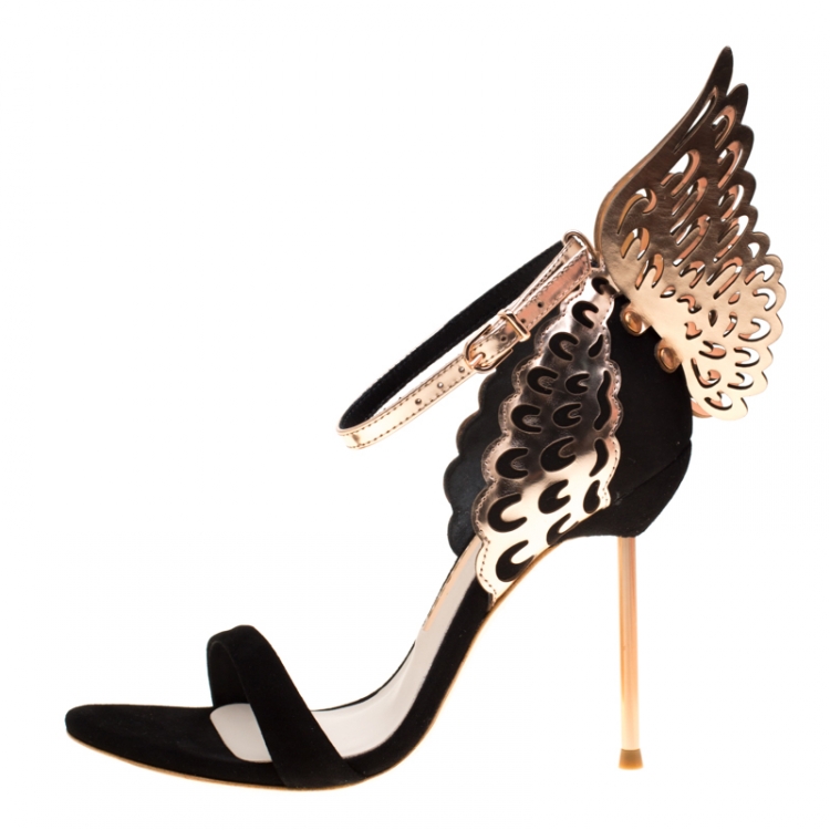 Pre Owned Sophia Webster Black Suede and Laser Cut Rose Gold Leather Evangeline Open Toe Sandals Size 36