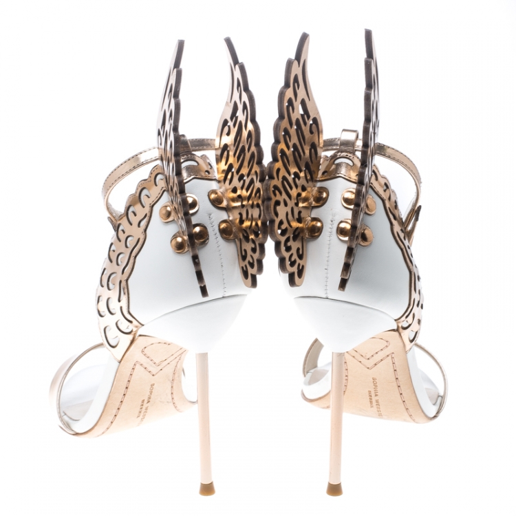 Pre Owned Sophia Webster White and Laser Cut Rose Gold Leather Evangeline Open Toe Sandals Size 36