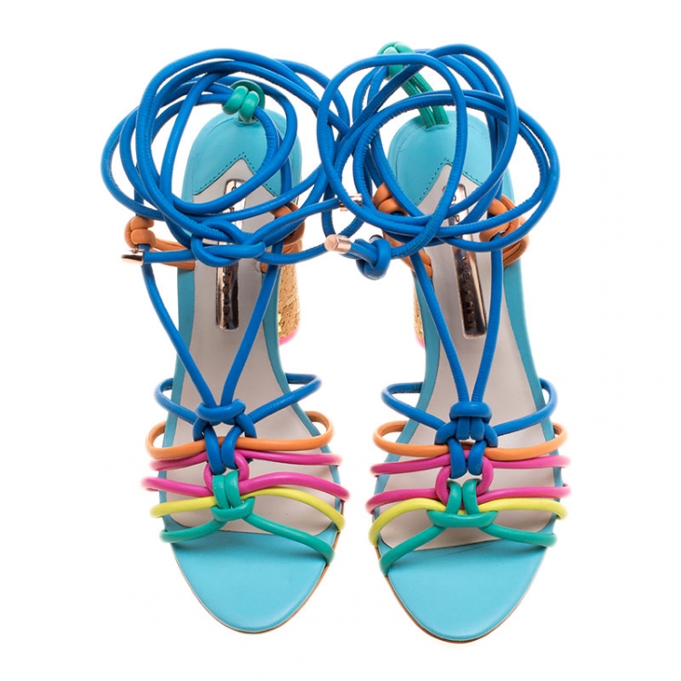 مملوكة مسبقًا Sophia Webster Multicolor Leather Cord Copacabana Cork Heel Ankle Wrap Sandals Size 38