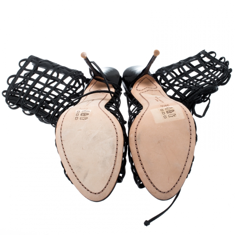 مملوكة مسبقًا Sophia Webster Black Leather Delphine Peep Toe Cage Sandals Size 39.5