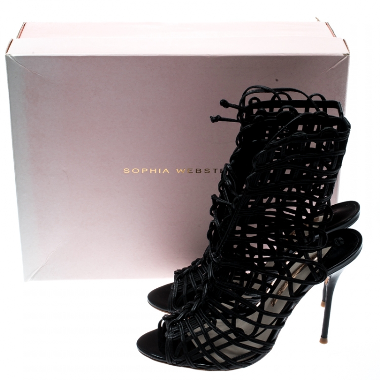 مملوكة مسبقًا Sophia Webster Black Leather Delphine Peep Toe Cage Sandals Size 39.5