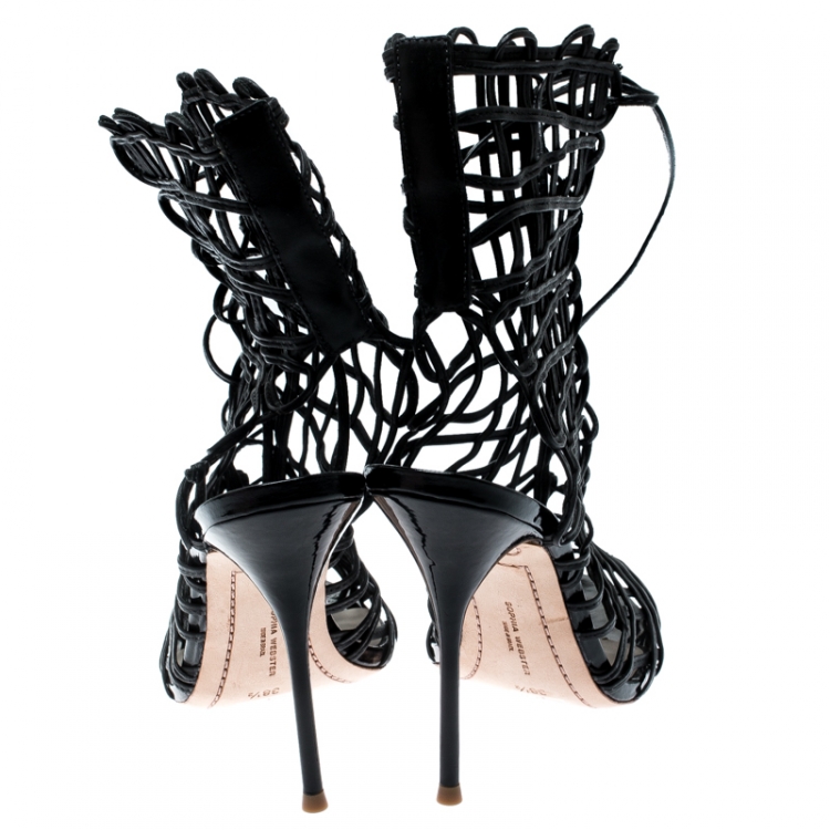 مملوكة مسبقًا Sophia Webster Black Leather Delphine Peep Toe Cage Sandals Size 39.5