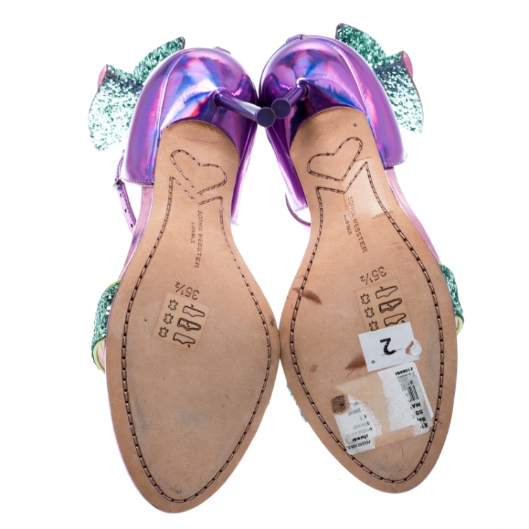 Pre Owned Sophia Webster Metallic Iridescent Pink Leather Maya Crystal Embellished Bow Ankle Strap Sandals Size 35.5