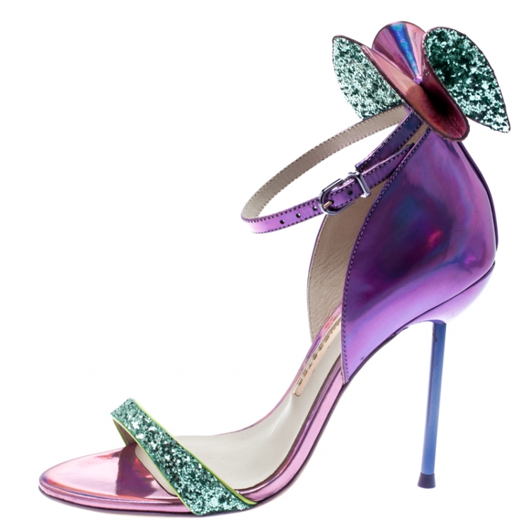 Pre Owned Sophia Webster Metallic Iridescent Pink Leather Maya Crystal Embellished Bow Ankle Strap Sandals Size 35.5