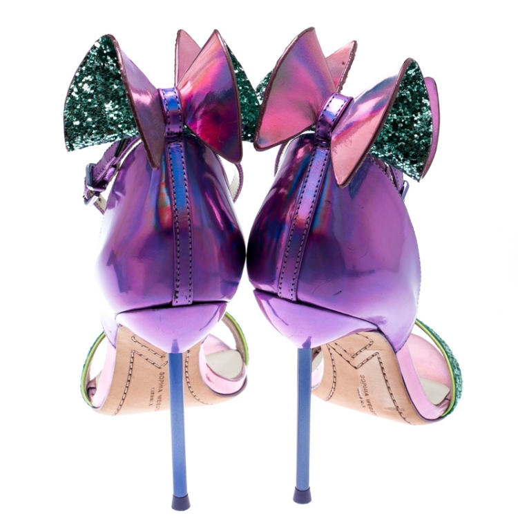 Pre Owned Sophia Webster Metallic Iridescent Pink Leather Maya Crystal Embellished Bow Ankle Strap Sandals Size 35.5