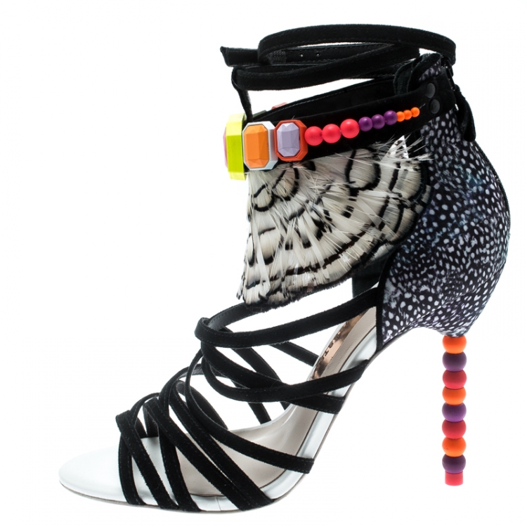 Pre Owned Sophia Webster Black Suede And Pheasant Feather Trim Alessandra Ankle Wrap Strappy Sandals Size 39.5