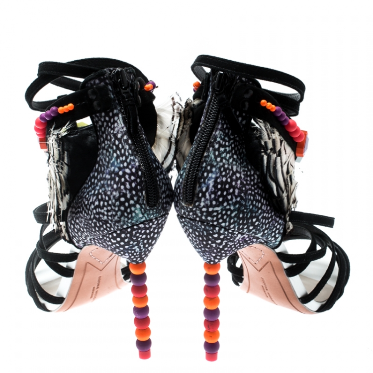 Pre Owned Sophia Webster Black Suede And Pheasant Feather Trim Alessandra Ankle Wrap Strappy Sandals Size 39.5