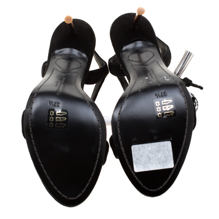 Pre Owned Sophia Webster Black Suede Layla Pom Pom Embellished T-Strap Sandals Size 37.5