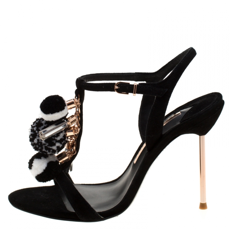 Pre Owned Sophia Webster Black Suede Layla Pom Pom Embellished T-Strap Sandals Size 37.5
