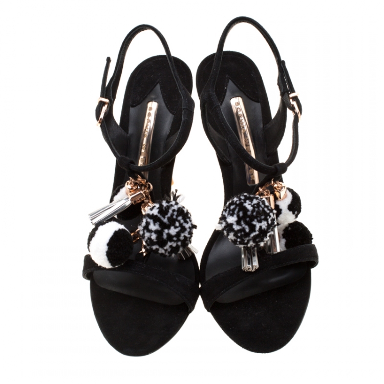 Pre Owned Sophia Webster Black Suede Layla Pom Pom Embellished T-Strap Sandals Size 37.5
