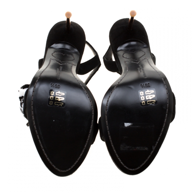 Pre Owned Sophia Webster Black Suede Layla Pom Pom Embellished T-Strap Sandals Size 39.5