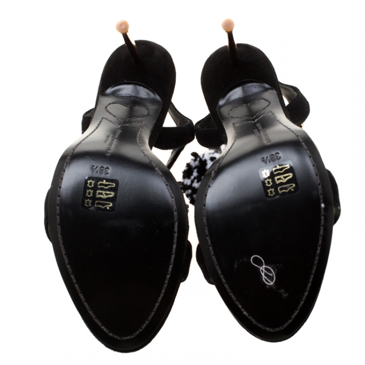 Pre Owned Sophia Webster Black Suede Layla Pom Pom Embellished T-Strap Sandals Size 38.5