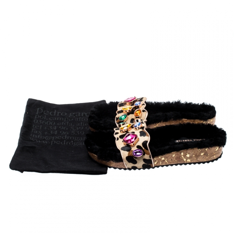 Pre Owned  Sophia Webster Beige Leopard Print Calf Hair Crystal Embellished Slides Size 40.5