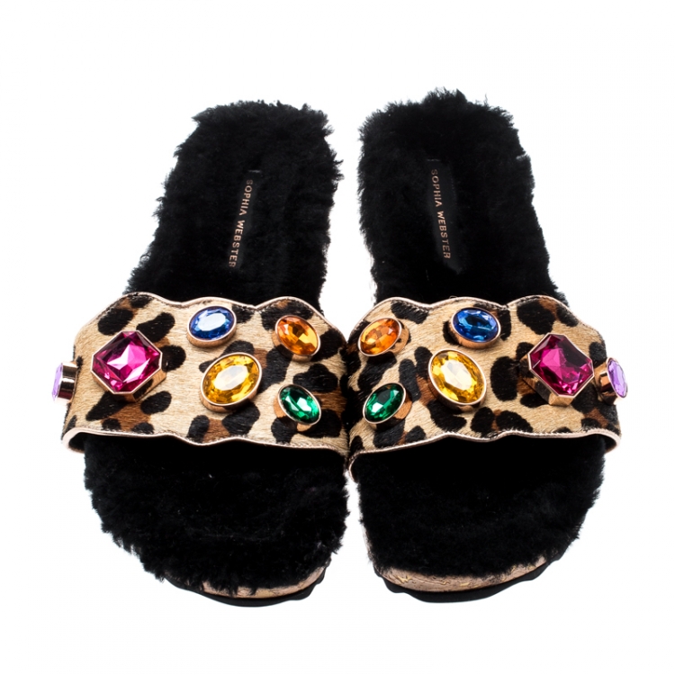 Pre Owned  Sophia Webster Beige Leopard Print Calf Hair Crystal Embellished Slides Size 40.5