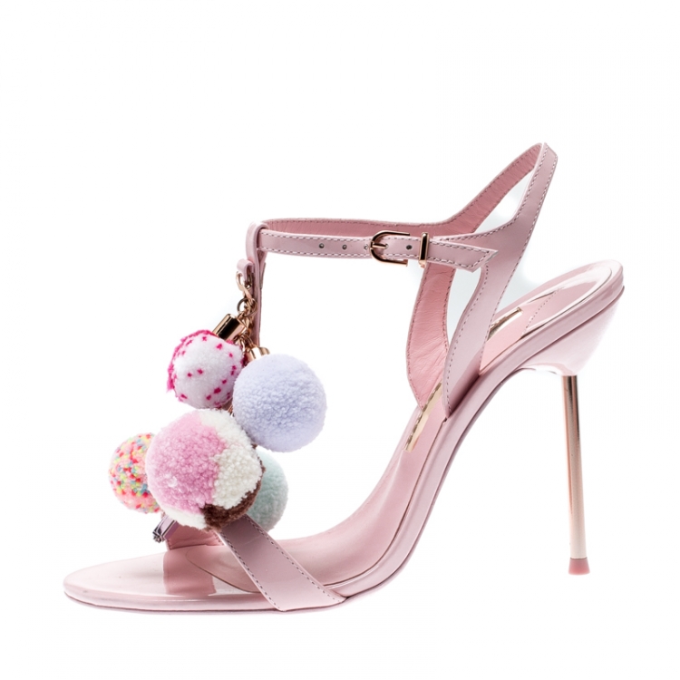 Pre Owned Sophia Webster Pale Pink Layla Pom Pom Embellished T-Strap Sandals Size 38