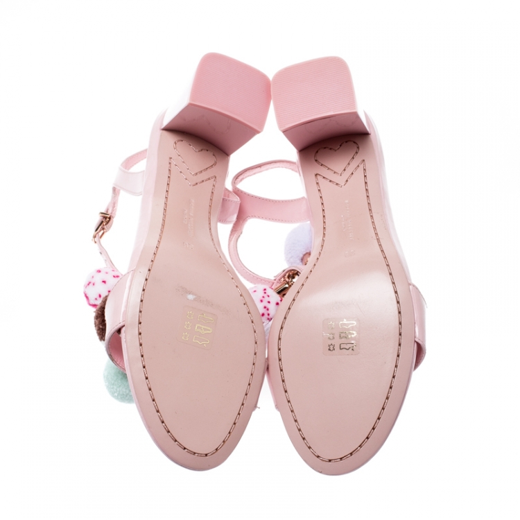 Pre Owned Sophia Webster Pale Pink Patent Leather Jada T Strap Pom Pom Sandals Size 38