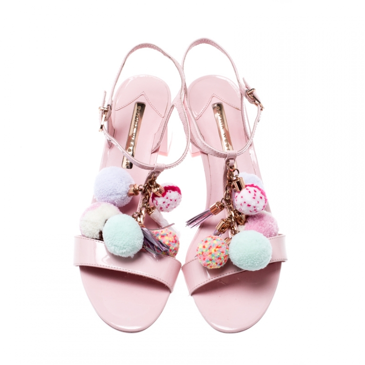 Pre Owned Sophia Webster Pale Pink Patent Leather Jada T Strap Pom Pom Sandals Size 38