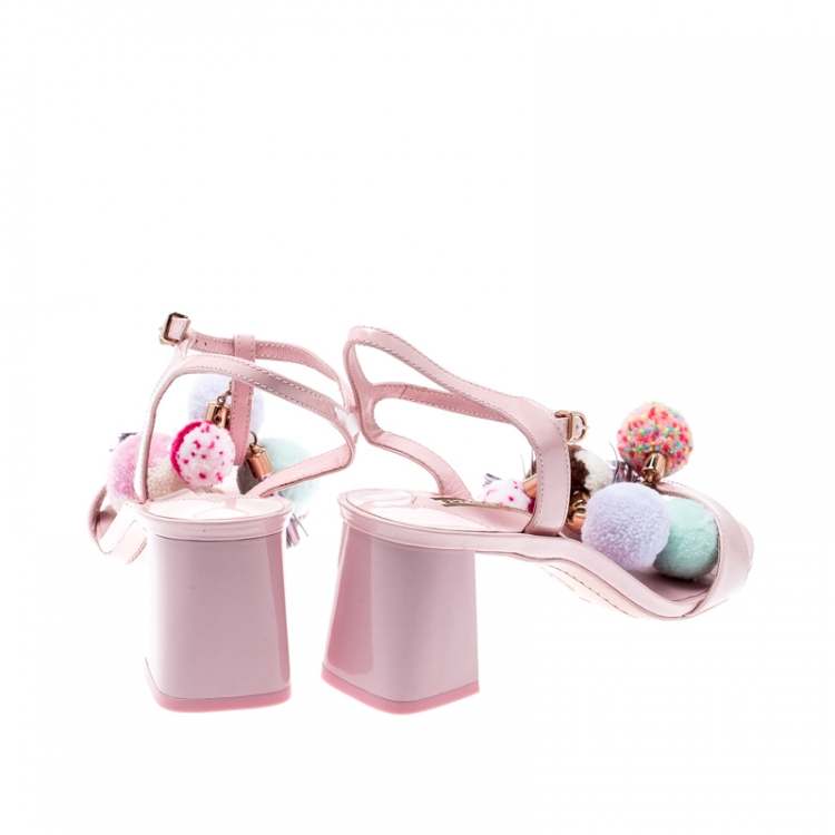 Pre Owned Sophia Webster Light Pink Patent Leather Jada T Strap Pom Pom Sandals Size 39
