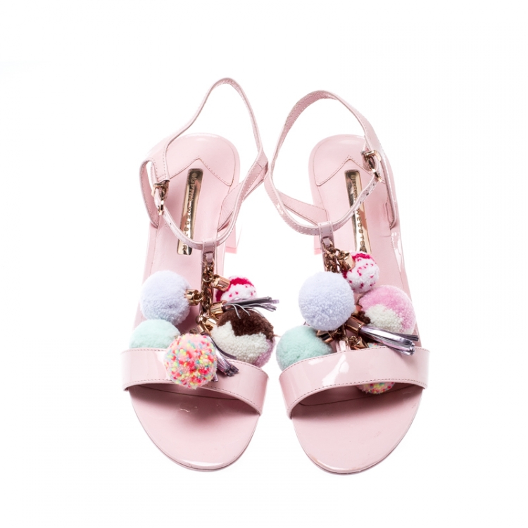 Pre Owned Sophia Webster Light Pink Patent Leather Jada T Strap Pom Pom Sandals Size 39