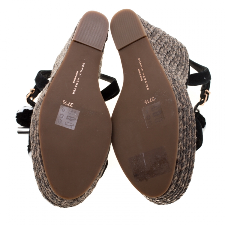 Pre Owned Sophia Webster Black Suede Pom Pom Lucita Espadrille Wedge Size 37.5