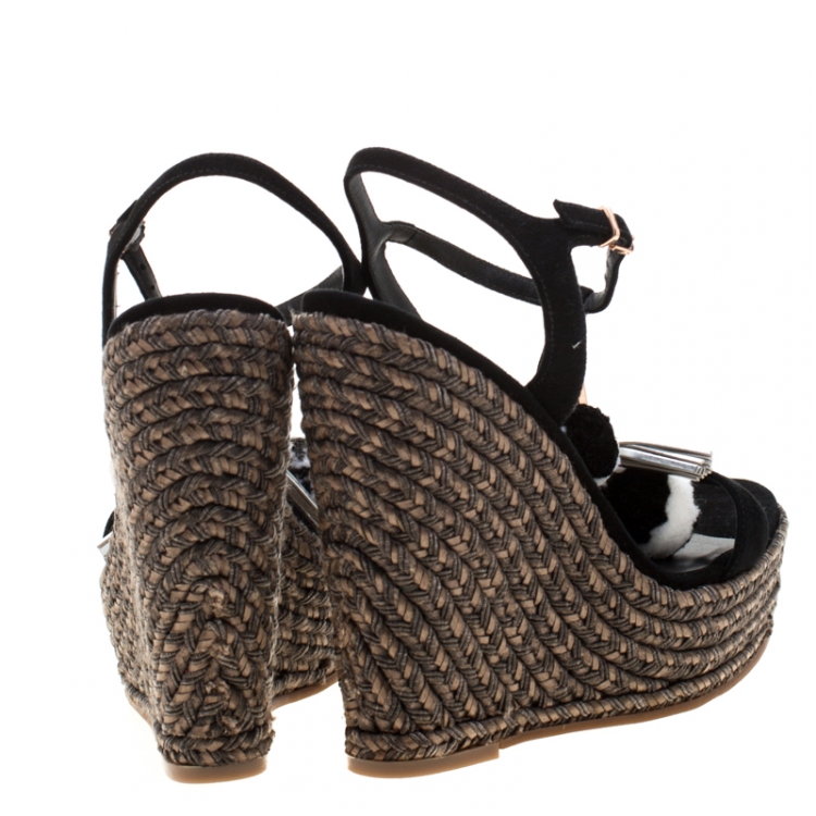 Pre Owned Sophia Webster Black Suede Pom Pom Lucita Espadrille Wedge Size 37.5