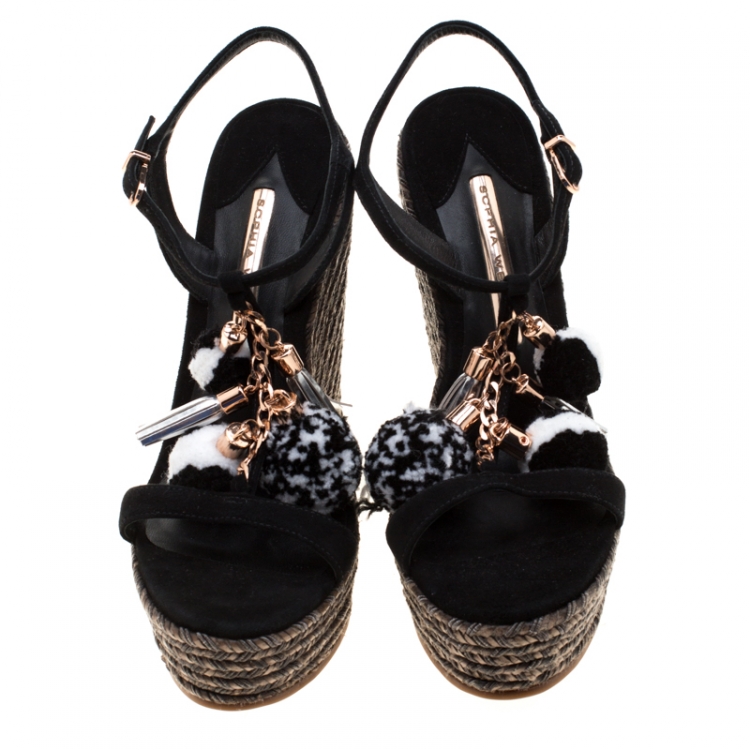 Pre Owned Sophia Webster Black Suede Pom Pom Lucita Espadrille Wedge Size 37.5