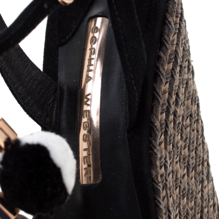 Pre Owned Sophia Webster Black Suede Pom Pom Lucita Espadrille Wedge Size 37.5